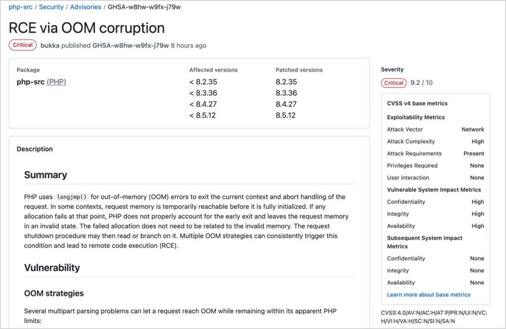 GitHub php-src 보안 권고 RCE via OOM corruption 화면. 심각도 Critical 9.2 / 10, 영향받는 버전 8.2.35 미만, 8.3.36 미만, 8.4.27 미만, 8.5.12 미만과 고친 버전 8.2.35, 8.3.36, 8.4.27, 8.5.12, 공격 경로 Network, 필요한 권한 None, CVE ID CVE-2026-109618