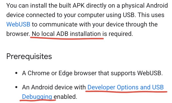 AI 스튜디오 안드로이드 문서의 기기 설치 부분. No local ADB installation과 Developer Options and USB Debugging에 밑줄