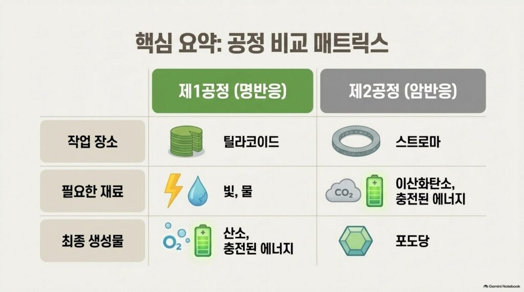 명반응과 암반응을 작업 장소·필요한 재료·최종 생성물로 나눠 비교한 표 슬라이드. 틸라코이드·빛과 물·산소와 충전된 에너지, 스트로마·이산화탄소와 충전된 에너지·포도당, 오른쪽 아래에 Gemini Notebook 표시