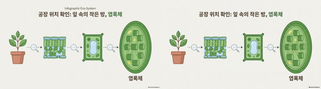 2번 슬라이드 수정 전후 비교. 왼쪽은 제목 위에 Infographic Eco-System 영어 문구가 있고, 오른쪽은 그 문구만 사라지고 그림과 제목은 같다