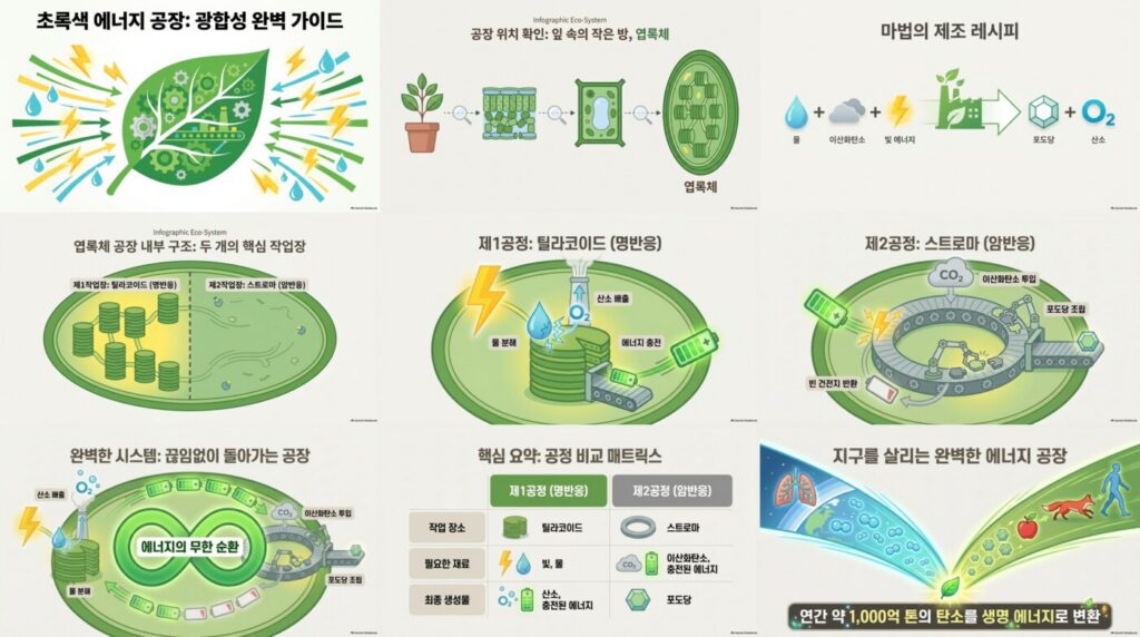 노트북LM이 만든 광합성 발표 슬라이드 9장을 한 화면에 모은 그림. 초록색 에너지 공장 표지, 엽록체 위치, 마법의 제조 레시피, 엽록체 내부 구조, 제1공정 틸라코이드, 제2공정 스트로마, 에너지의 무한 순환, 공정 비교 매트릭스 표, 지구를 살리는 에너지 공장