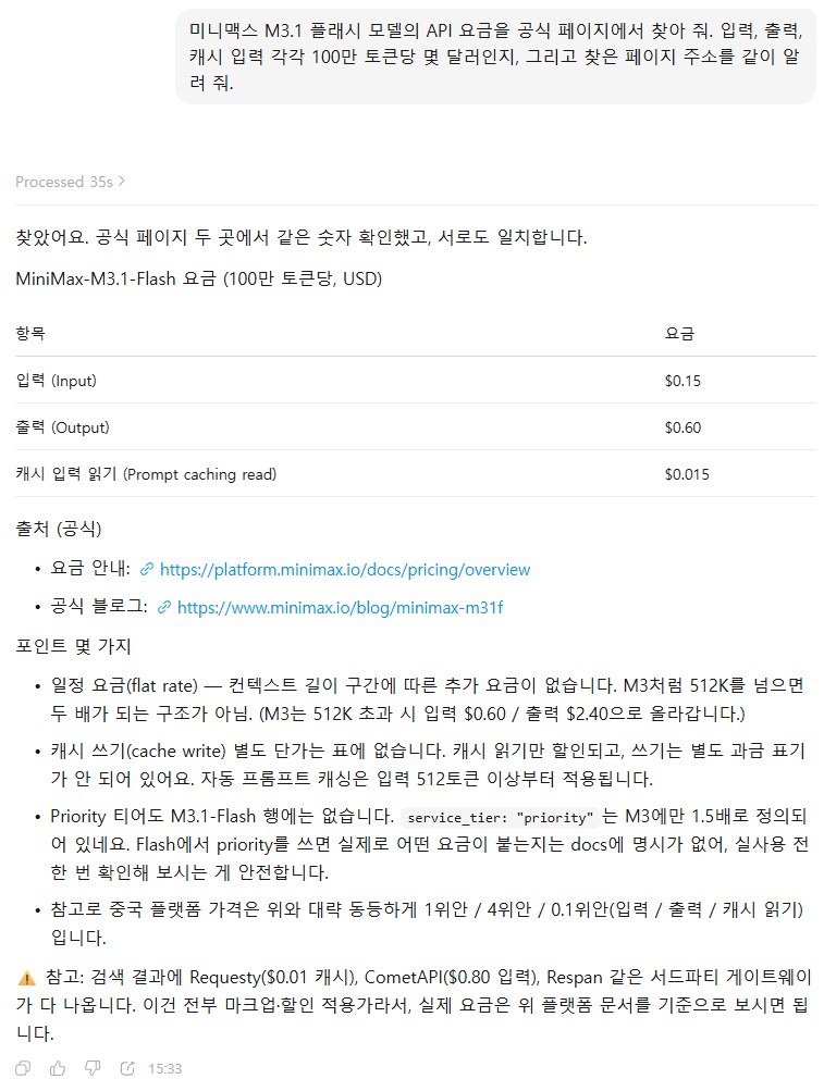 미니맥스 답 화면. MiniMax-M3.1-Flash 요금 표 입력 0.15달러, 출력 0.60달러, 캐시 입력 읽기 0.015달러, 출처로 platform.minimax.io 요금 안내와 minimax.io 공식 블로그 주소, 아래에 M3의 512K 초과 요금, 캐시 쓰기 단가 없음, Priority 티어, 서드파티 게이트웨이 주의 설명