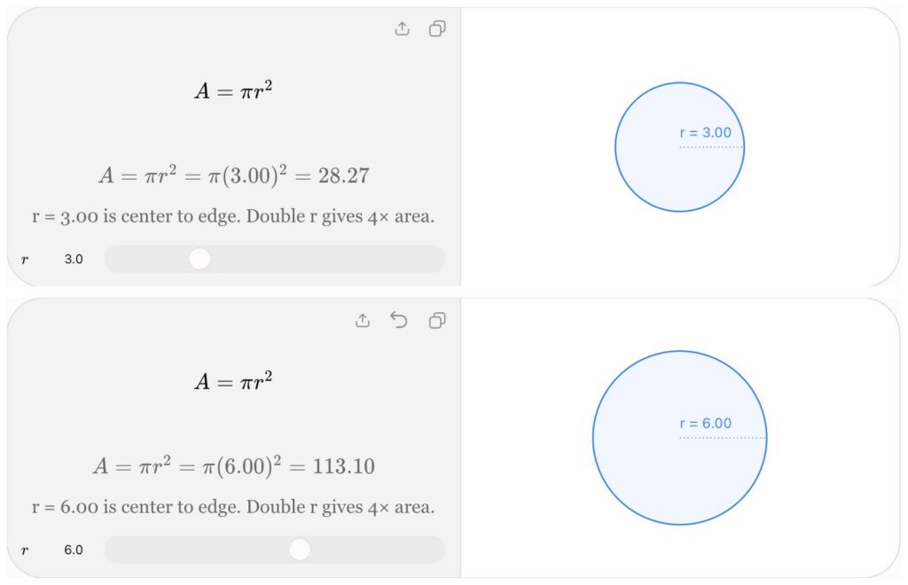 챗GPT 원의 넓이 그림 두 장. 위는 반지름 r 3.0일 때 A = π(3.00)² = 28.27과 작은 원, 아래는 반지름을 6.0으로 바꾼 뒤 A = π(6.00)² = 113.10과 커진 원