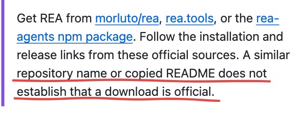 REA 공식 설명서의 주의 문구. A similar repository name or copied README does not establish that a download is official에 밑줄