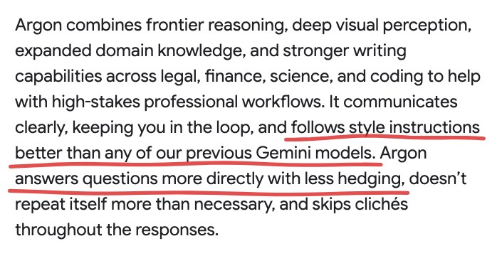 구글 발표문 중 글쓰기 설명 문단. follows style instructions better than any of our previous Gemini models와 answers questions more directly with less hedging에 밑줄