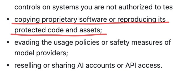REA 면책 문서 중 돕지 않는 일 목록. copying proprietary software or reproducing its protected code and assets에 밑줄