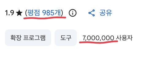 크롬 웹 스토어의 공식 ChatGPT 확장 프로그램 평점 1.9점, 평가 985개, 사용자 7,000,000명 표시