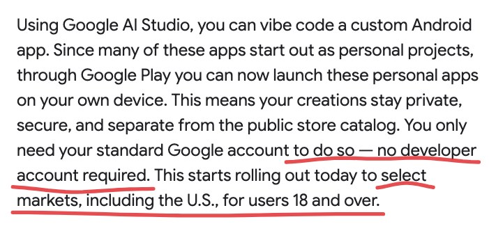 구글 플레이 발표문 중 개인 앱 문단. to do so, no developer account required와 select markets, including the U.S., for users 18 and over에 밑줄