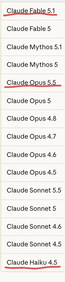 클로드 도움말의 워터마크 지원 모델 목록. Claude Fable 5.1부터 Opus 5.5, Sonnet 5.5, Haiku 4.5까지 15개 모델이 적혀 있어요