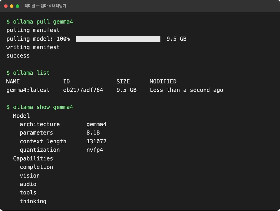 터미널 화면. ollama pull gemma4 명령에 pulling model 100% 9.5 GB, success. ollama list에 gemma4:latest 9.5 GB. ollama show gemma4에 parameters 8.1B, context length 131072, quantization nvfp4, Capabilities에 completion, vision, audio, tools, thinking