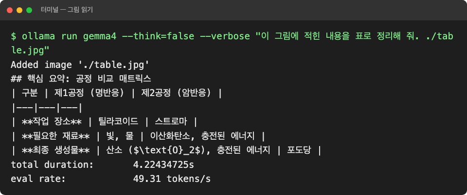 터미널 화면. ollama run gemma4로 표 그림을 주고 표로 정리해 달라고 하자 핵심 요약: 공정 비교 매트릭스 제목 아래 작업 장소 틸라코이드·스트로마, 필요한 재료 빛·물과 이산화탄소·충전된 에너지, 최종 생성물 산소·충전된 에너지와 포도당이 마크다운 표로 나오고 total duration 4.22초
